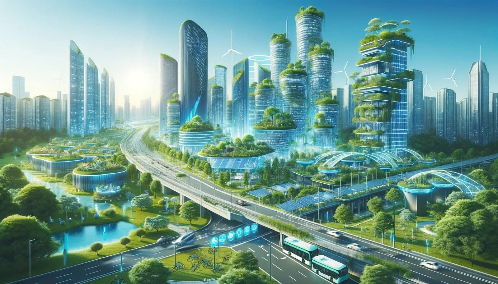 Sustainable city concept with green buildings and clean transport